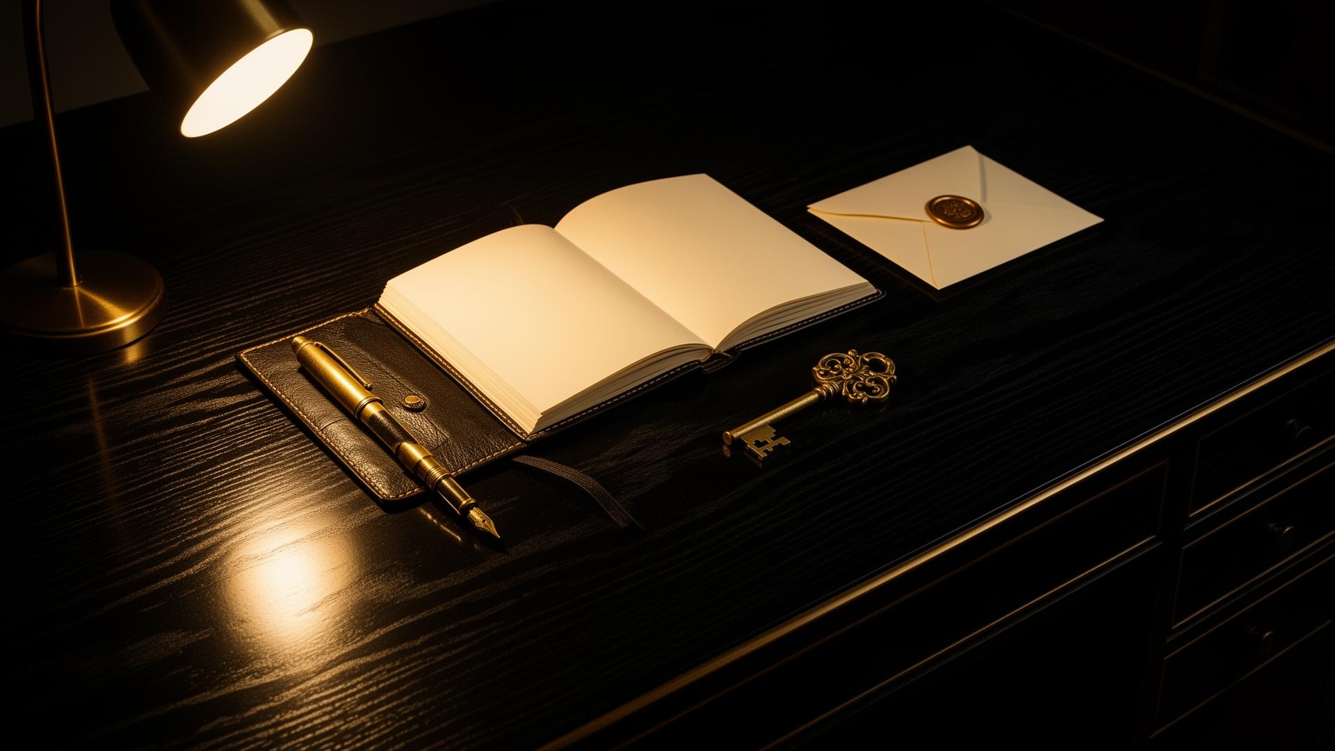 Ebony desk with leather journal, brass pen, key and wax-sealed envelope